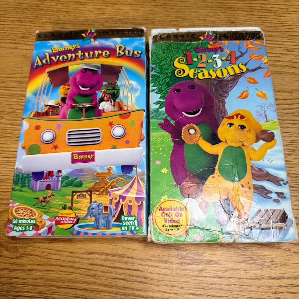 Barney VHS Lot Adventure Bus and 1-2-3-4 Seasons Vintage Kids Videos Tapes